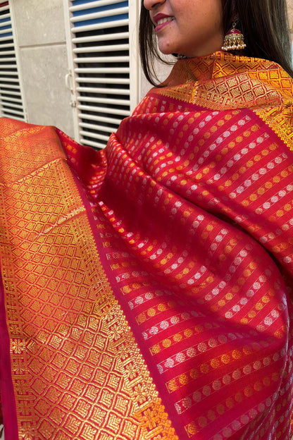 Stunning Reddish Pink Handloom Kanjeevaram Pure Silk Sona Roopa Dupatta - Luxurion World
