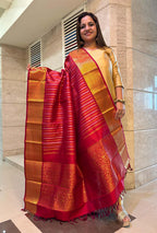 Stunning Reddish Pink Handloom Kanjeevaram Pure Silk Sona Roopa Dupatta - Luxurion World