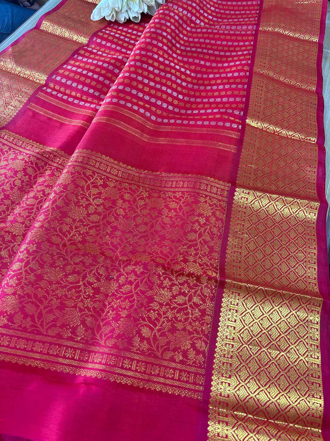 Stunning Reddish Pink Handloom Kanjeevaram Pure Silk Sona Roopa Dupatta - Luxurion World