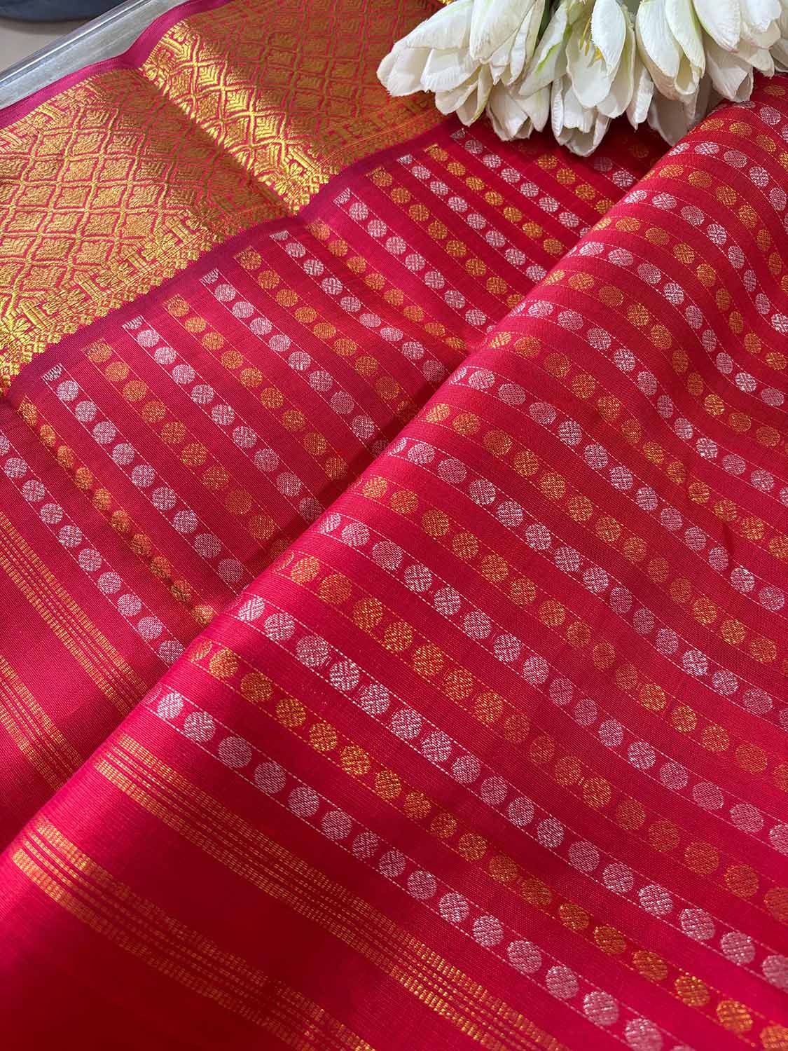 Stunning Reddish Pink Handloom Kanjeevaram Pure Silk Sona Roopa Dupatta - Luxurion World
