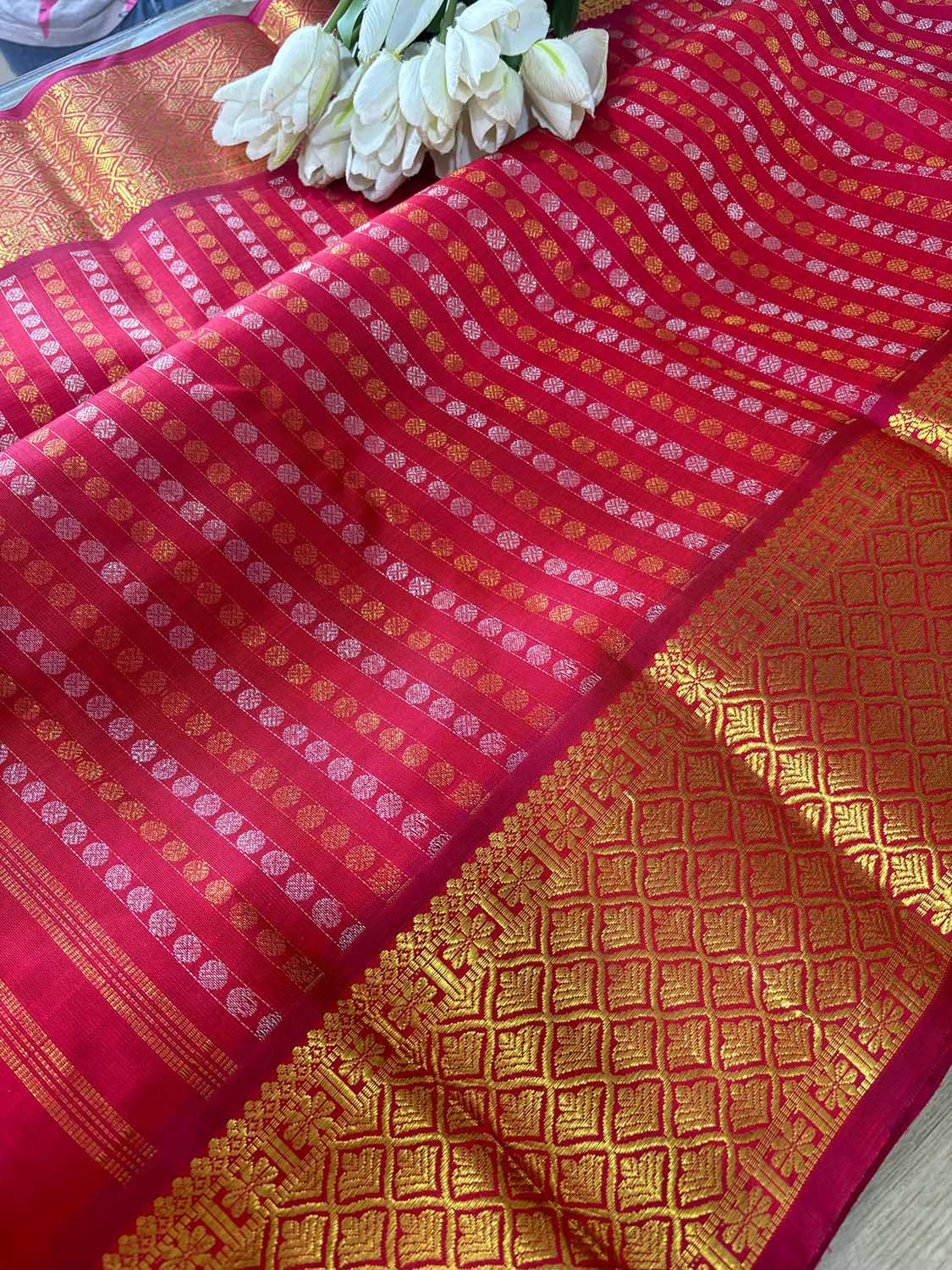 Stunning Reddish Pink Handloom Kanjeevaram Pure Silk Sona Roopa Dupatta - Luxurion World