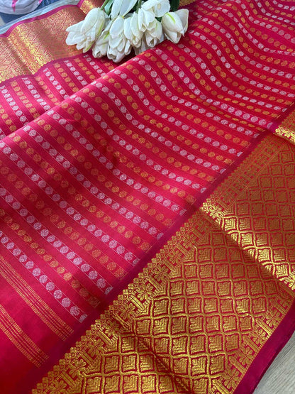 Stunning Reddish Pink Handloom Kanjeevaram Pure Silk Sona Roopa Dupatta - Luxurion World