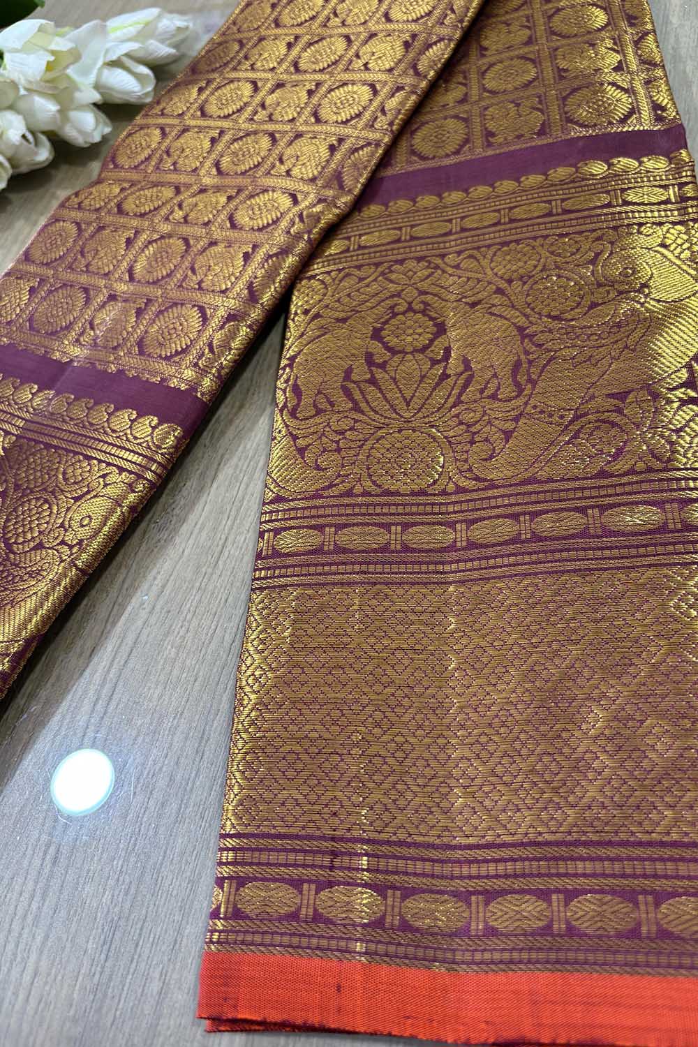 Exquisite Purple Handloom Kanjeevaram Pure Silk Peacock Design Dupatta - Luxurion World