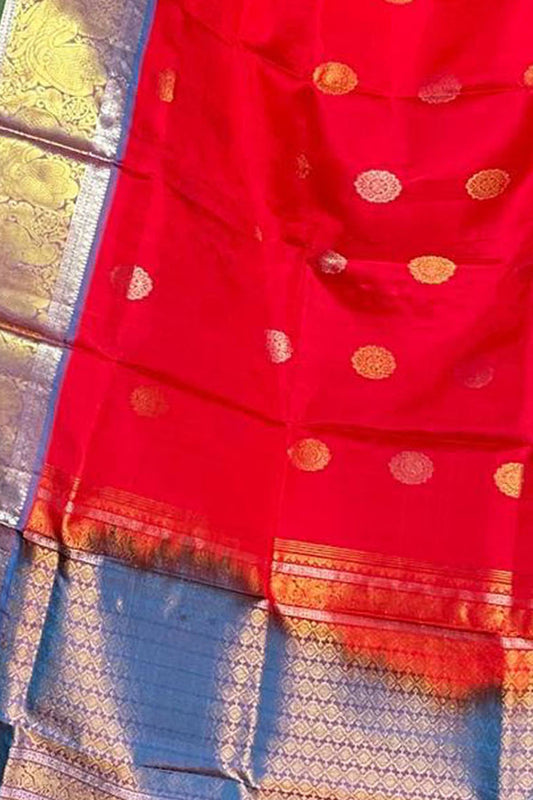 Exquisite Red Kanjeevaram Silk Dupatta - Handloom Crafted - Luxurion World