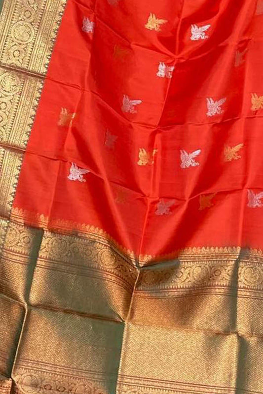 Orange Kanjeevaram Silk Dupatta - Handloom Pure Elegance - Luxurion World