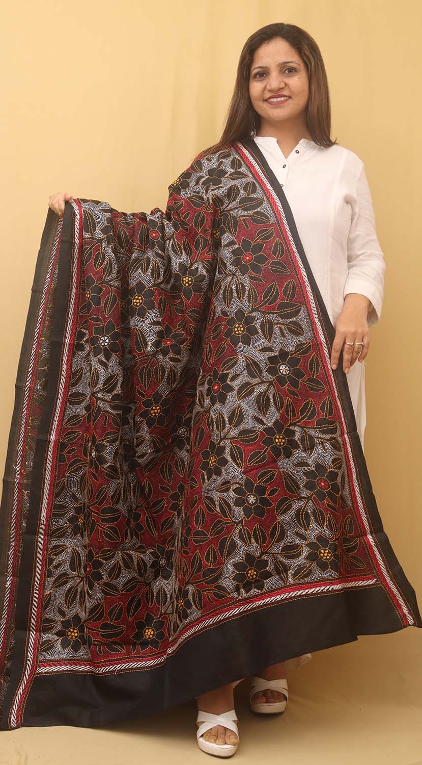 Black Hand Embroidered Reverse Kantha Banglore Silk Dupatta - Luxurion World