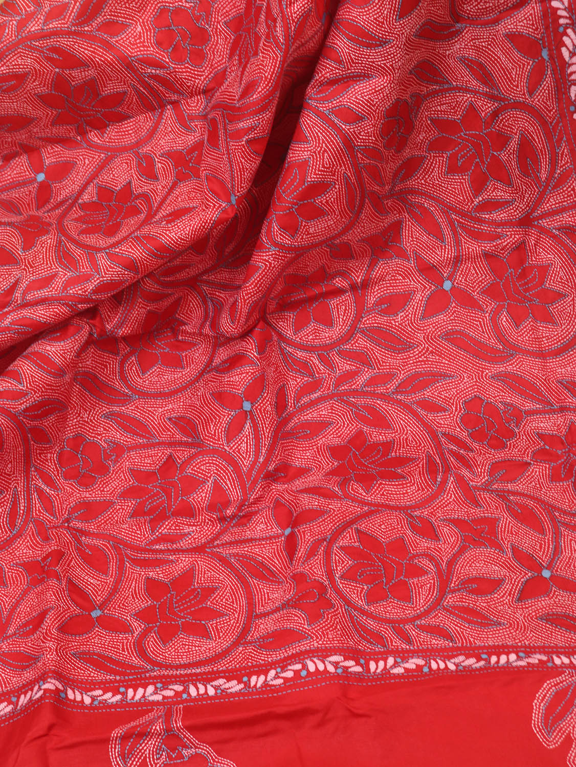 Red Hand Embroidered Kantha Banglore Silk Dupatta - Luxurion World