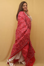 Red Hand Embroidered Kantha Banglore Silk Dupatta - Luxurion World