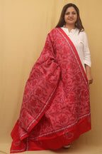Red Hand Embroidered Kantha Banglore Silk Dupatta - Luxurion World