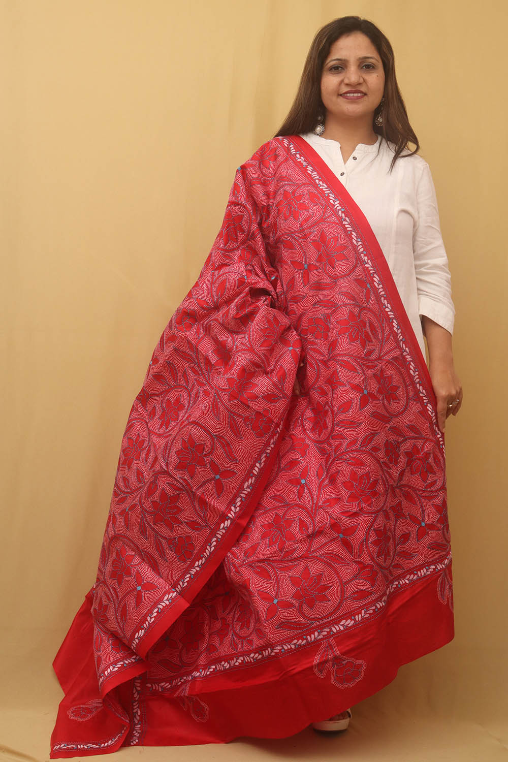 Red Hand Embroidered Kantha Banglore Silk Dupatta - Luxurion World