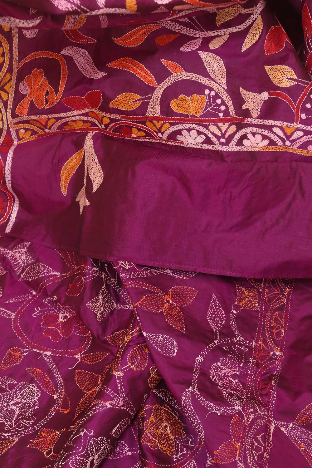 Purple Hand Embroidered Kantha Banglore Silk Dupatta - Luxurion World