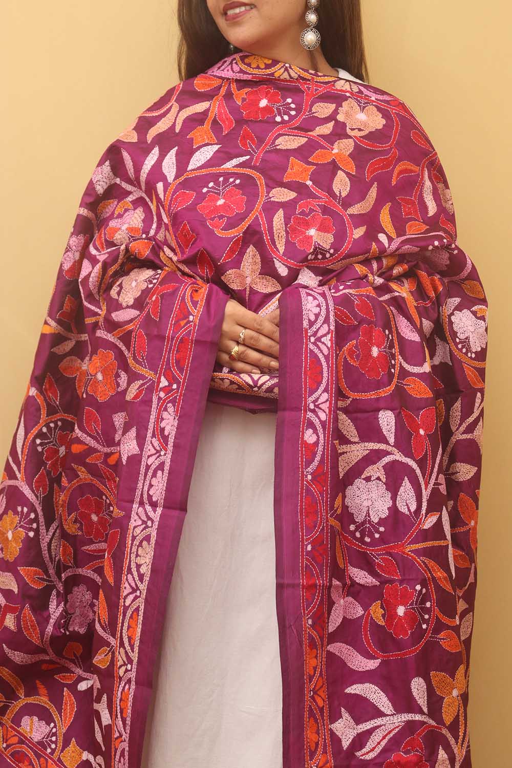 Purple Hand Embroidered Kantha Banglore Silk Dupatta - Luxurion World
