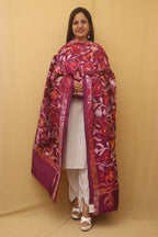Purple Hand Embroidered Kantha Banglore Silk Dupatta - Luxurion World