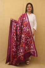 Purple Hand Embroidered Kantha Banglore Silk Dupatta - Luxurion World