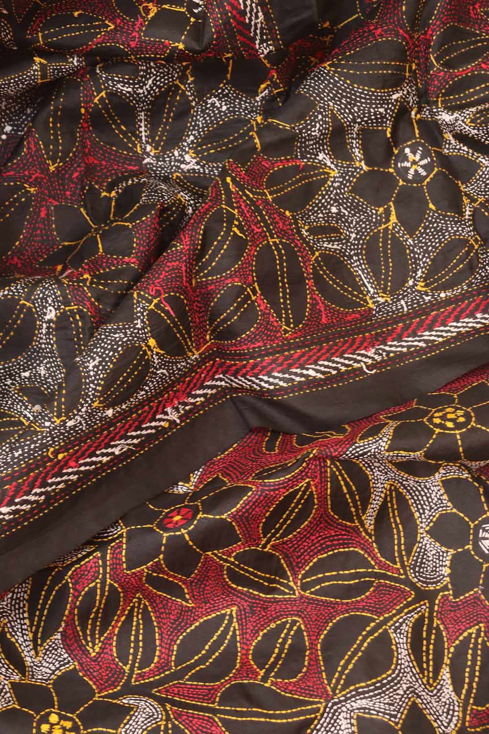 Black Hand Embroidered Reverse Kantha Banglore Silk Dupatta - Luxurion World