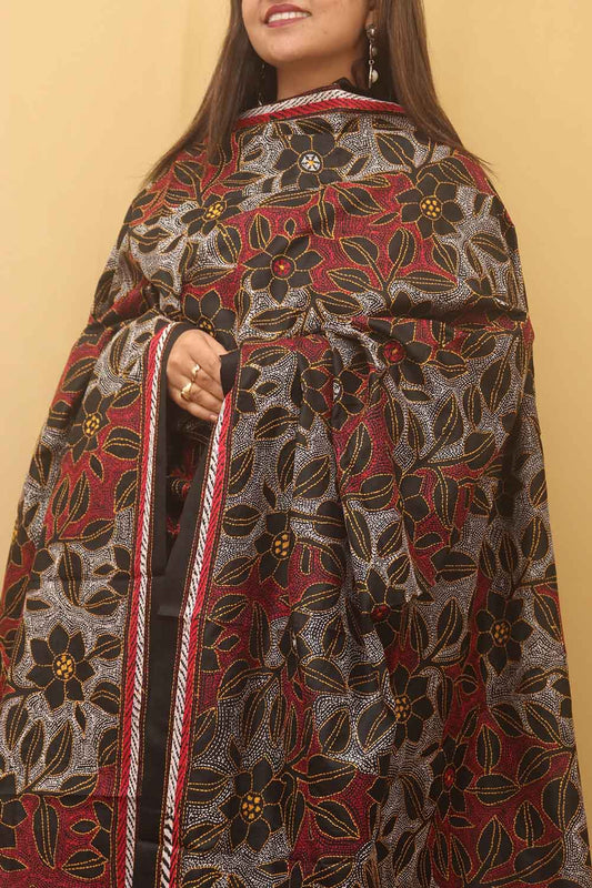 Black Hand Embroidered Reverse Kantha Banglore Silk Dupatta - Luxurion World