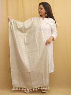 Off White Bhagalpur Handloom Linen Cotton Dupatta - Luxurion World