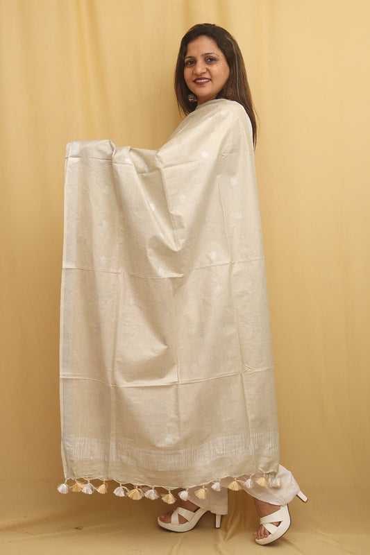 Off White Bhagalpur Handloom Linen Cotton Dupatta - Luxurion World