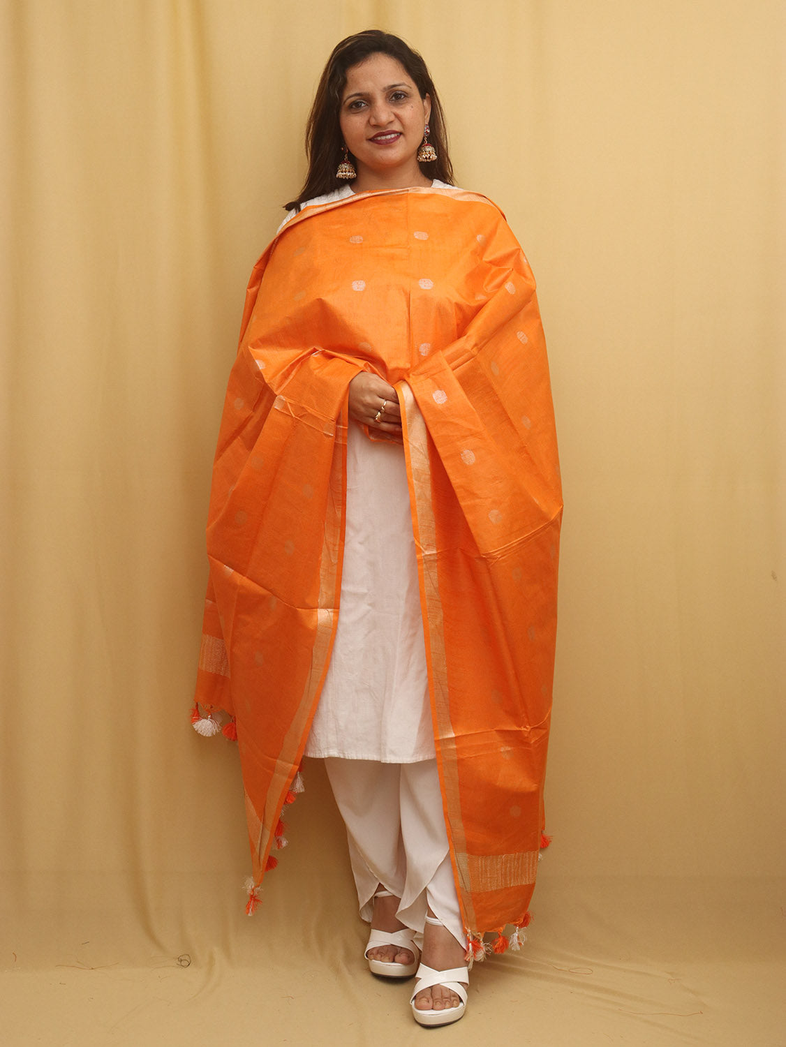 Orange Bhagalpur Handloom Linen Cotton Dupatta - Luxurion World