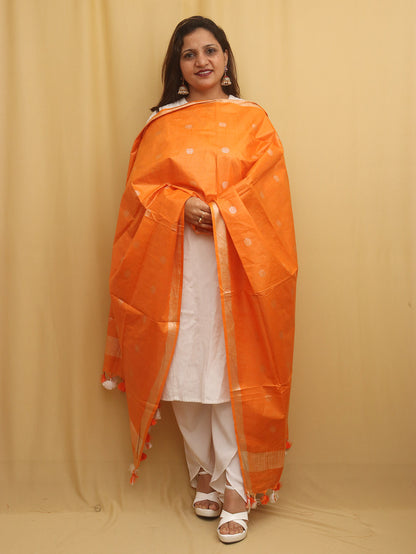 Orange Bhagalpur Handloom Linen Cotton Dupatta - Luxurion World