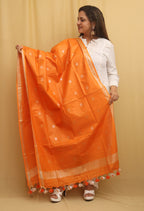 Orange Bhagalpur Handloom Linen Cotton Dupatta - Luxurion World