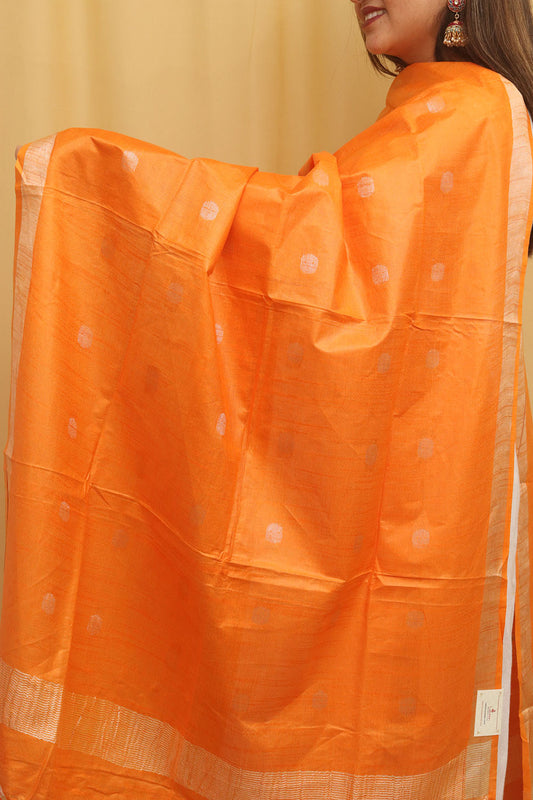 Orange Bhagalpur Handloom Linen Cotton Dupatta - Luxurion World