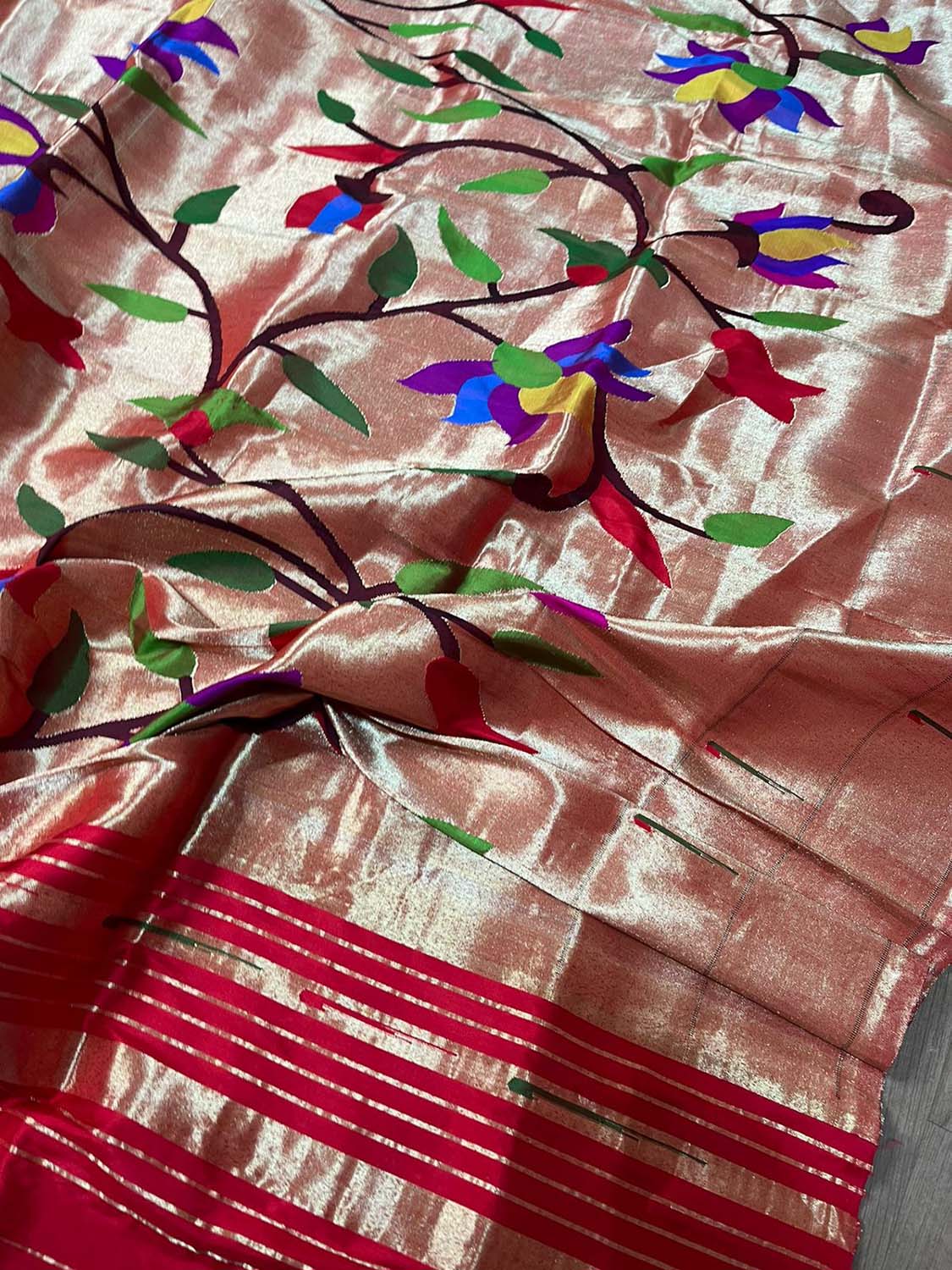 Exquisite Golden Paithani Handloom Pure Silk Brocade Muniya Border Dupatta - Luxurion World