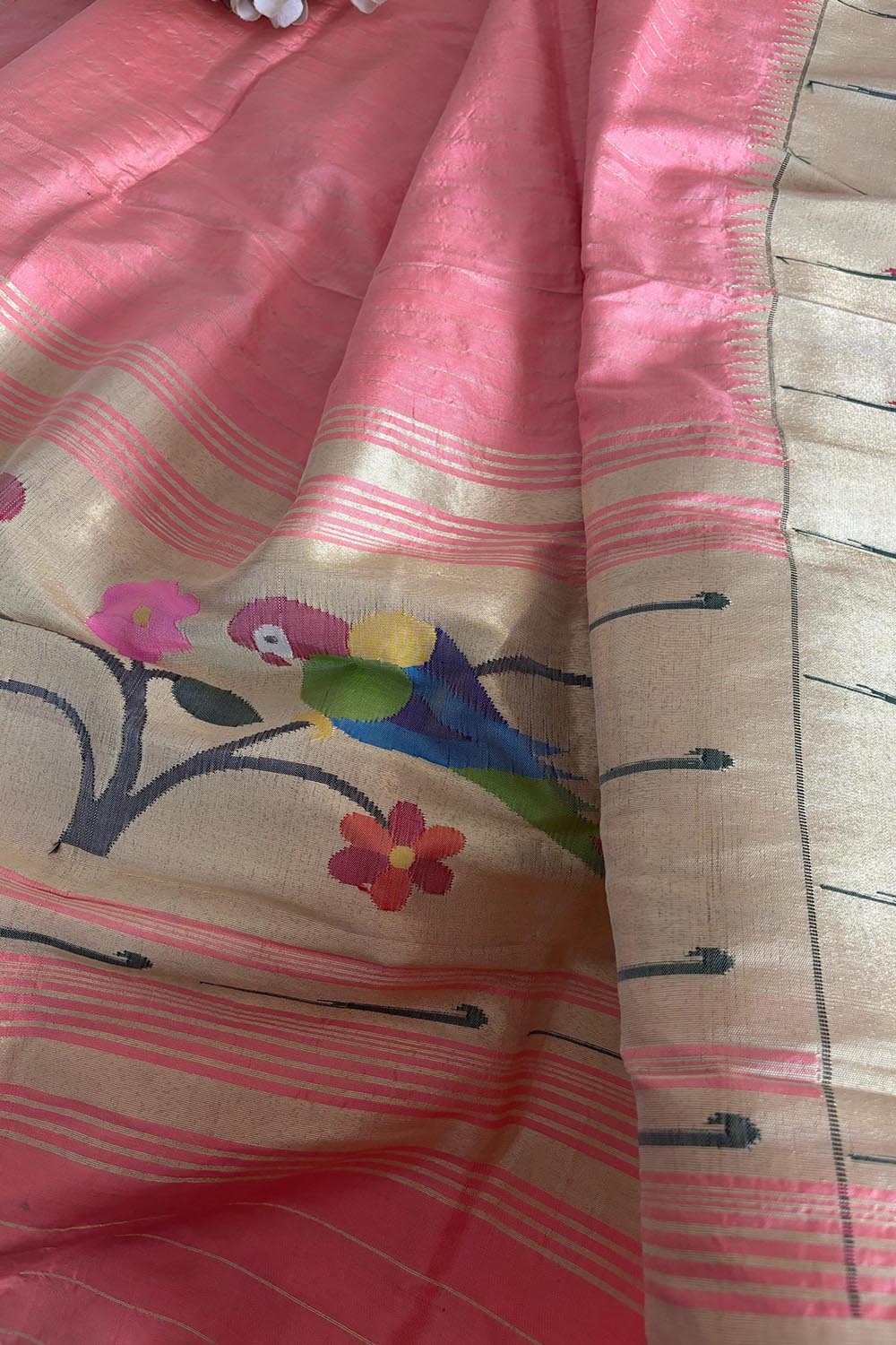 Stunning Pink Paithani Handloom Pure Silk Muniya Border Dupatta - Luxurion World
