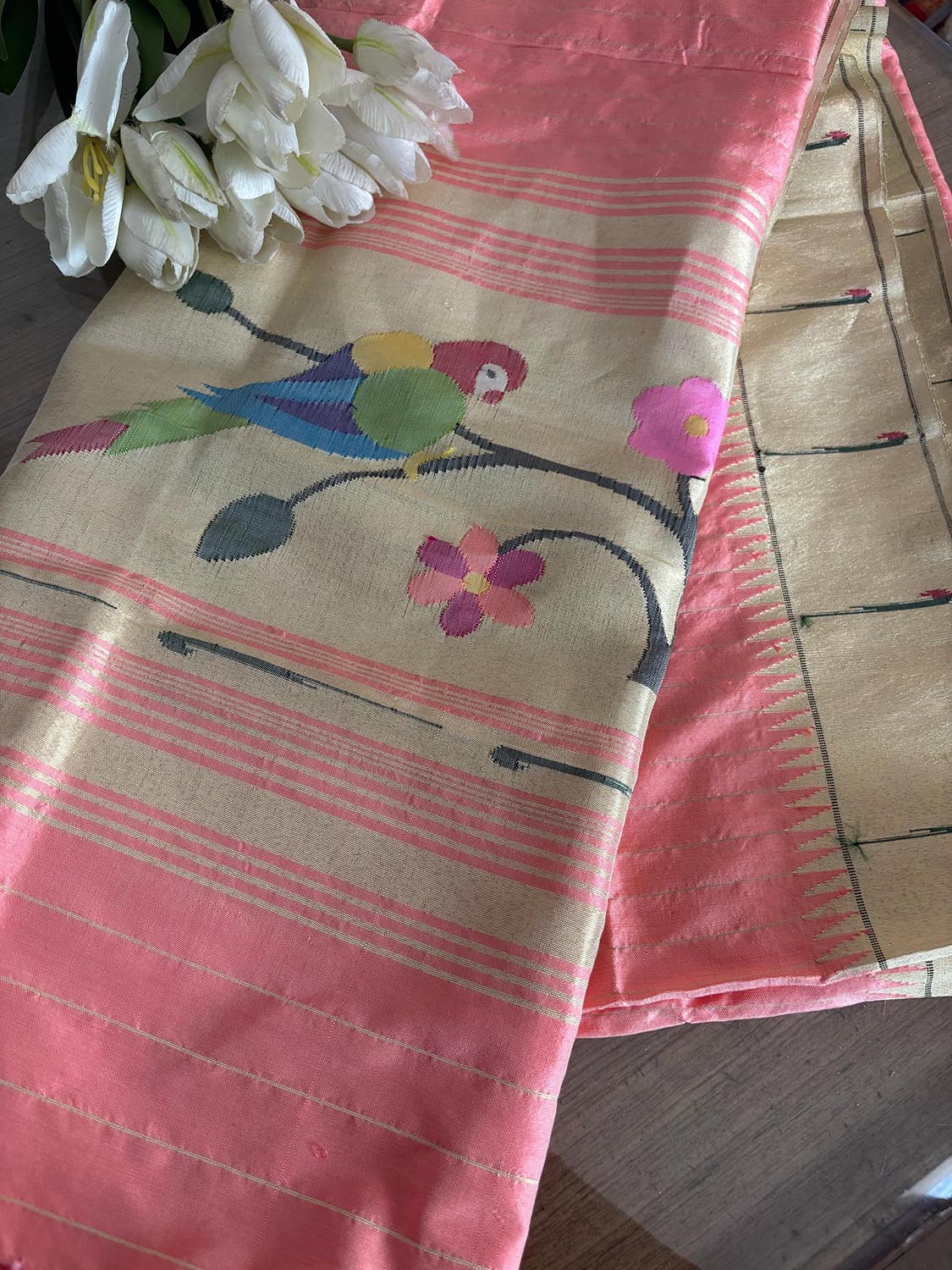 Stunning Pink Paithani Handloom Pure Silk Muniya Border Dupatta - Luxurion World
