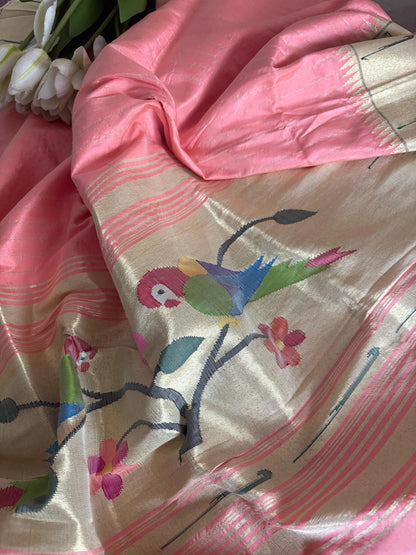 Stunning Pink Paithani Handloom Pure Silk Muniya Border Dupatta - Luxurion World