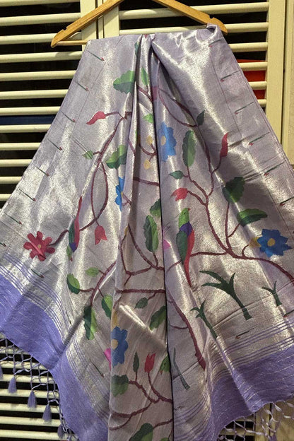 Bluish Purple Paithani Handloom Pure Silk Brocade Muniya Border Dupatta - Luxurion World