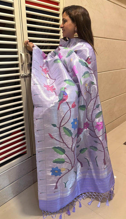 Bluish Purple Paithani Handloom Pure Silk Brocade Muniya Border Dupatta - Luxurion World
