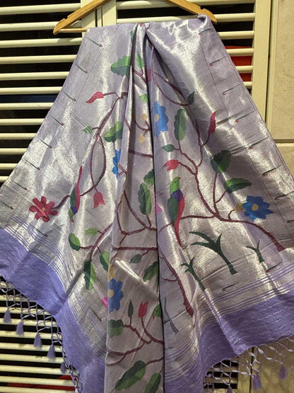 Bluish Purple Paithani Handloom Pure Silk Brocade Muniya Border Dupatta - Luxurion World
