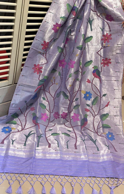 Bluish Purple Paithani Handloom Pure Silk Brocade Muniya Border Dupatta - Luxurion World
