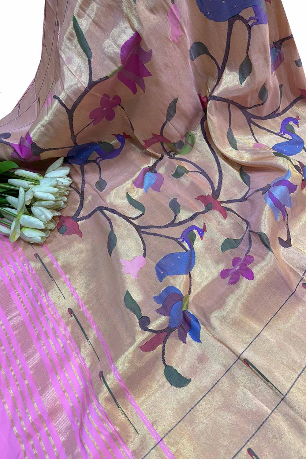 Exquisite Pink Paithani Handloom Pure Silk Brocade Muniya Border Dupatta - Luxurion World