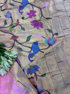 Exquisite Pink Paithani Handloom Pure Silk Brocade Muniya Border Dupatta - Luxurion World