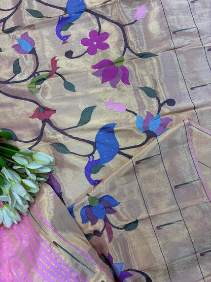 Exquisite Pink Paithani Handloom Pure Silk Brocade Muniya Border Dupatta - Luxurion World