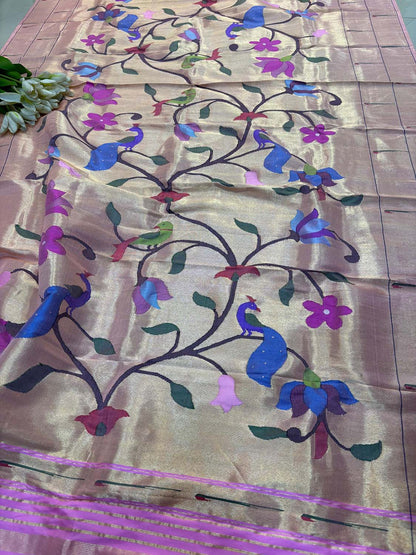 Exquisite Pink Paithani Handloom Pure Silk Brocade Muniya Border Dupatta - Luxurion World