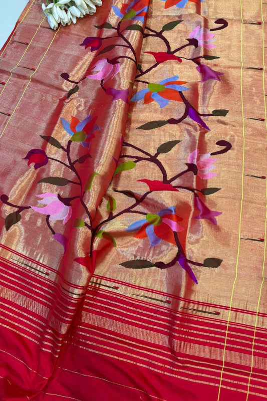 Red Paithani Handloom Pure Silk Brocade Muniya Border Bird Design Dupatta - Luxurion World