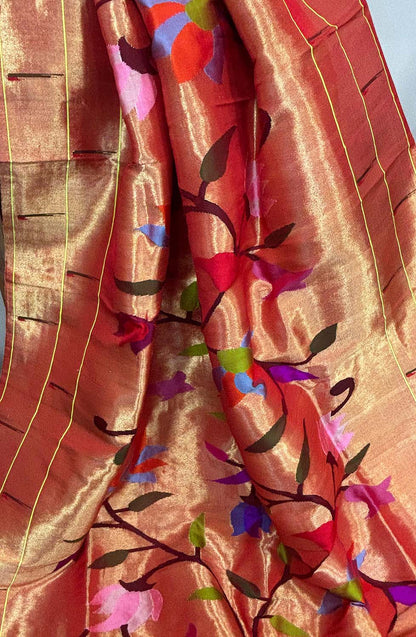 Red Paithani Handloom Pure Silk Brocade Muniya Border Bird Design Dupatta - Luxurion World