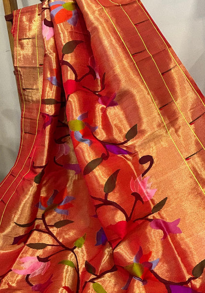 Red Paithani Handloom Pure Silk Brocade Muniya Border Bird Design Dupatta - Luxurion World