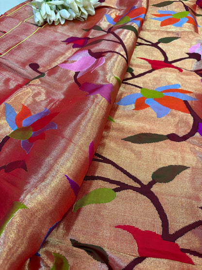 Red Paithani Handloom Pure Silk Brocade Muniya Border Bird Design Dupatta - Luxurion World