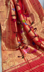 Red Paithani Handloom Pure Silk Brocade Muniya Border Bird Design Dupatta - Luxurion World