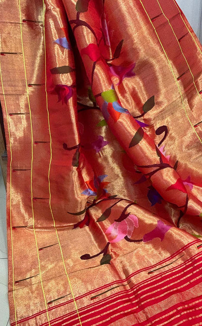 Red Paithani Handloom Pure Silk Brocade Muniya Border Bird Design Dupatta - Luxurion World