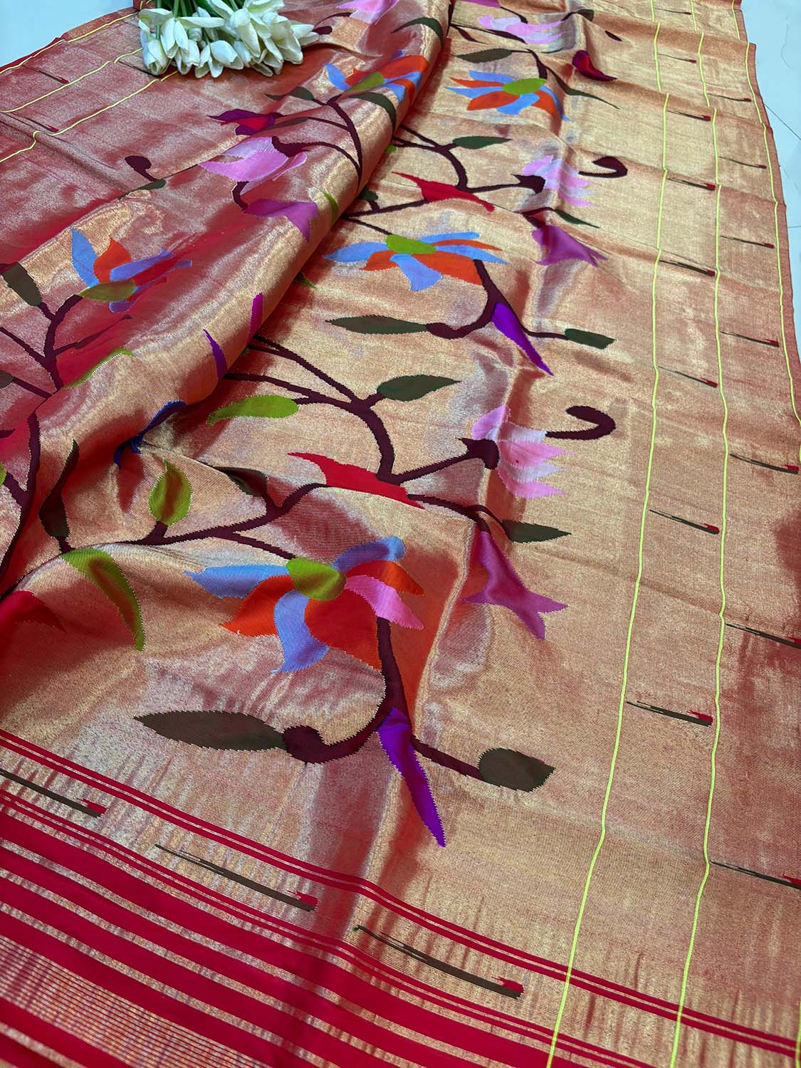 Red Paithani Handloom Pure Silk Brocade Muniya Border Bird Design Dupatta - Luxurion World