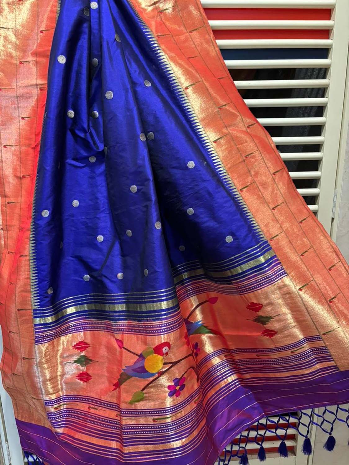 Blue Paithani Handloom Pure Silk Triple Muniya Border Parrot Design Dupatta - Luxurion World- Crafted Heirlooms