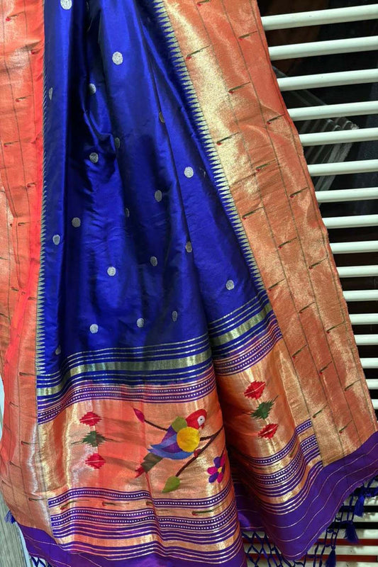 Blue Paithani Handloom Pure Silk Triple Muniya Border Parrot Design Dupatta - Luxurion World