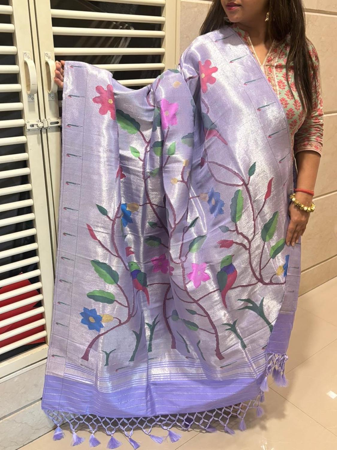 Purple Paithani Handloom Pure Silk Muniya Border Parrot And Flower Design Dupatta - Luxurion World- Crafted Heirlooms