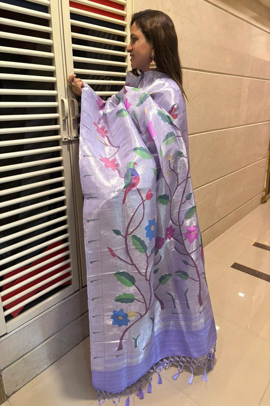 Purple Paithani Handloom Pure Silk Muniya Border Parrot And Flower Design Dupatta - Luxurion World
