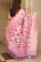 Pink Paithani Handloom Pure Silk Triple Muniya Border Peacock And Flower Design Dupatta - Luxurion World- Crafted Heirlooms